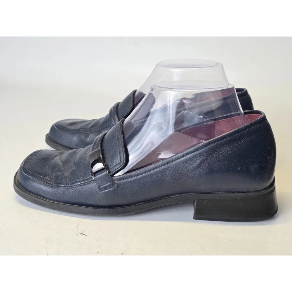 Bandolino Women's Loafers Size 7.5 M Navy Leather Slip‎ On Heels Shoes Vintage